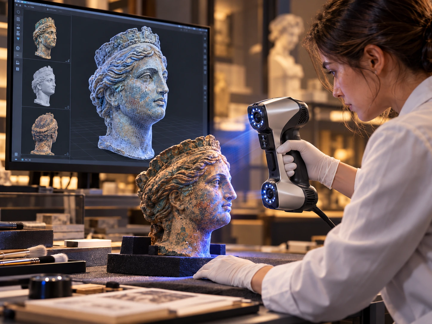 專業手持式3D掃描藝術品與雕塑數位化示意